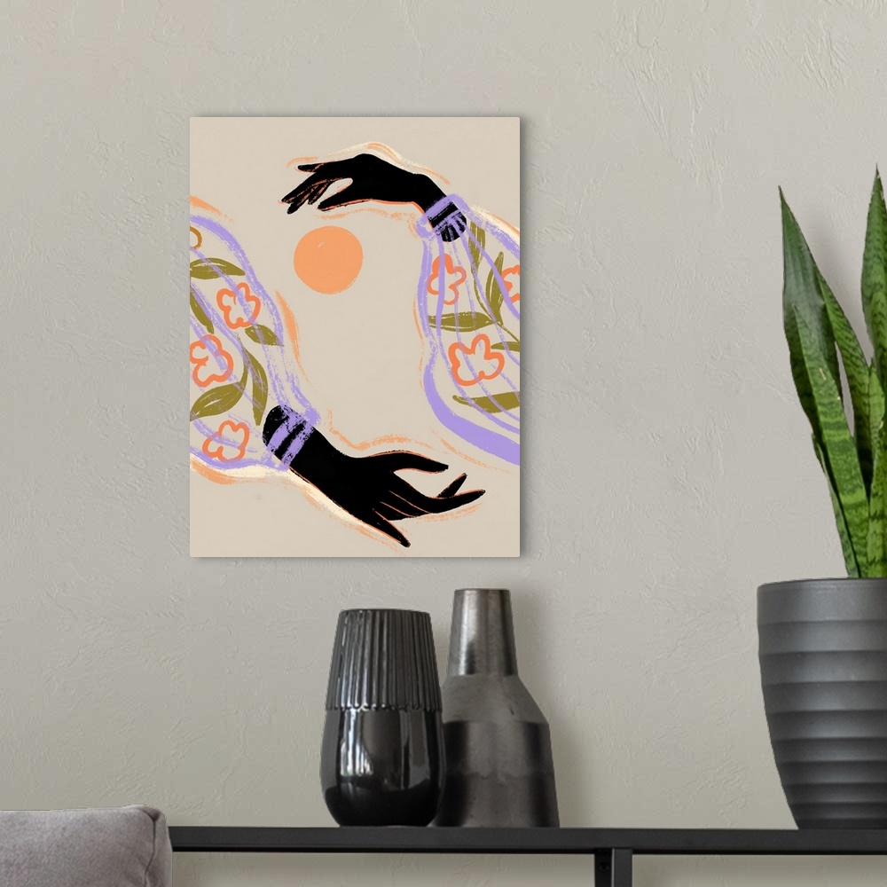 A modern room featuring A contemporary illustration of two dark black hands in flowery sleeves around an orange orb repre...