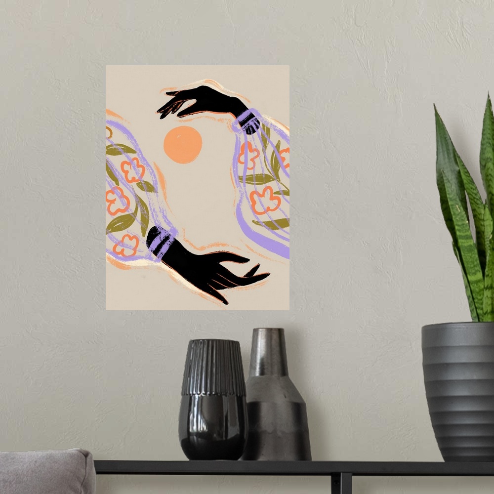 A modern room featuring A contemporary illustration of two dark black hands in flowery sleeves around an orange orb repre...