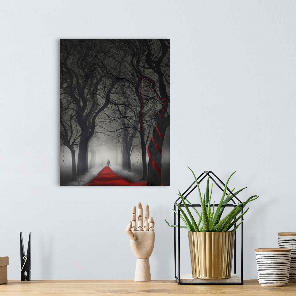 A bohemian room featuring A figure walking to the end of a red path in a forest, which twists up into the curvy trees.