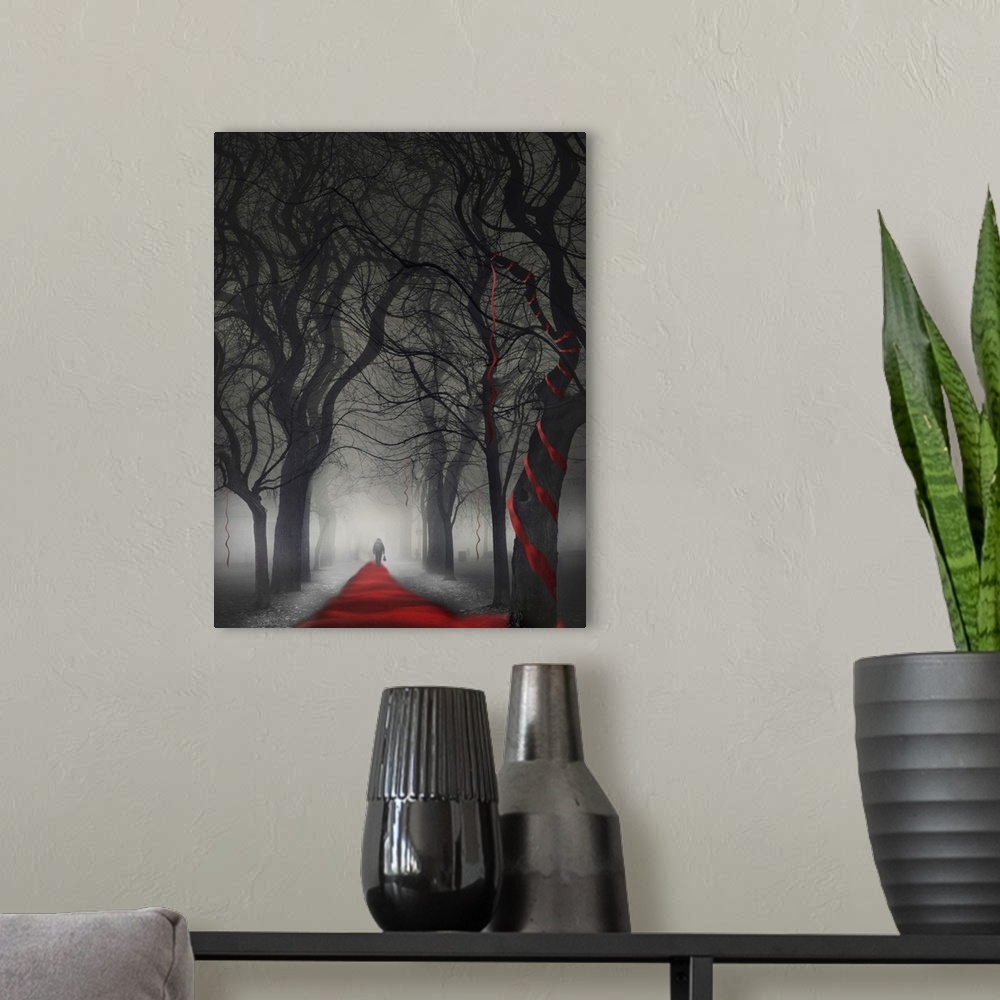 A modern room featuring A figure walking to the end of a red path in a forest, which twists up into the curvy trees.