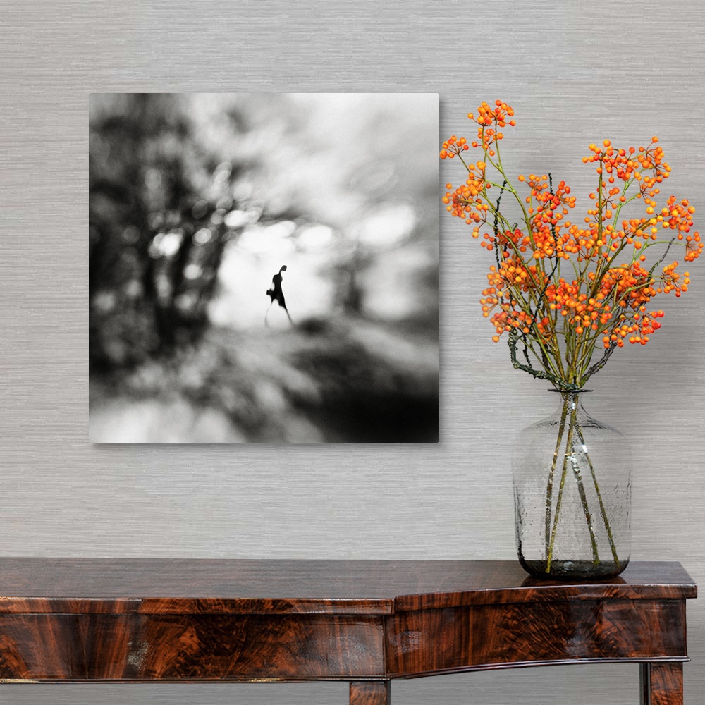 A traditional room featuring Conceptual image of a figure walking in a blurred landscape.