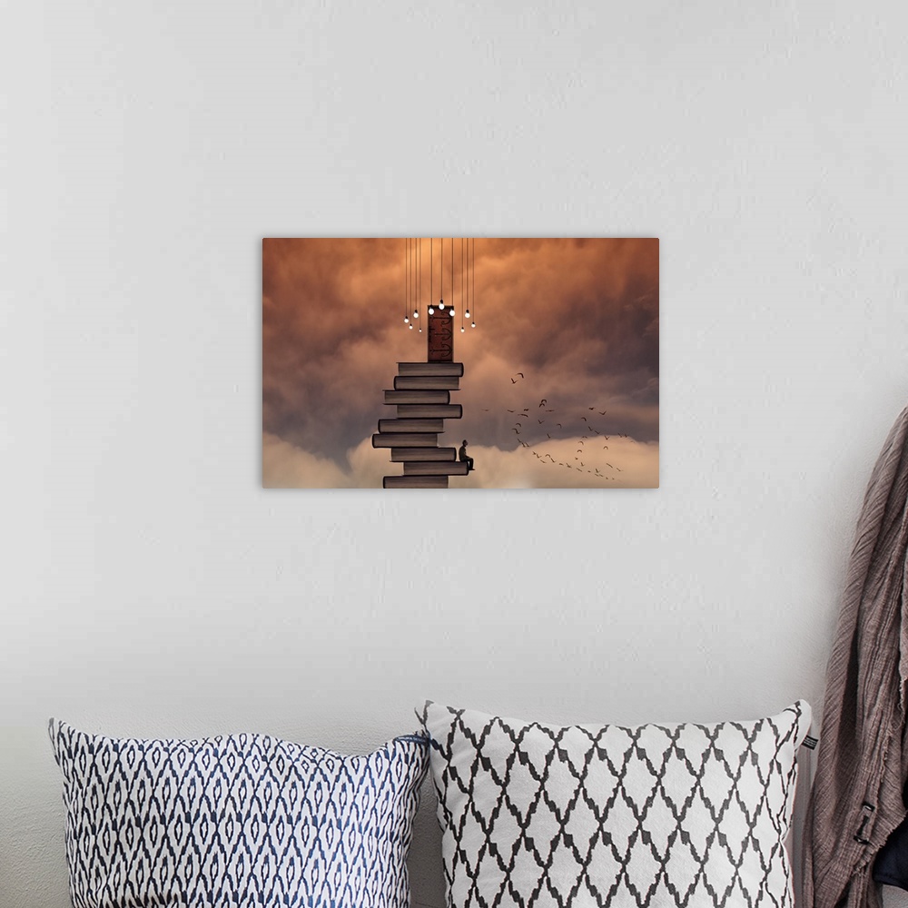 A bohemian room featuring A conceptual photograph of a stack of books with a door at the top reaching the sky filled with o...