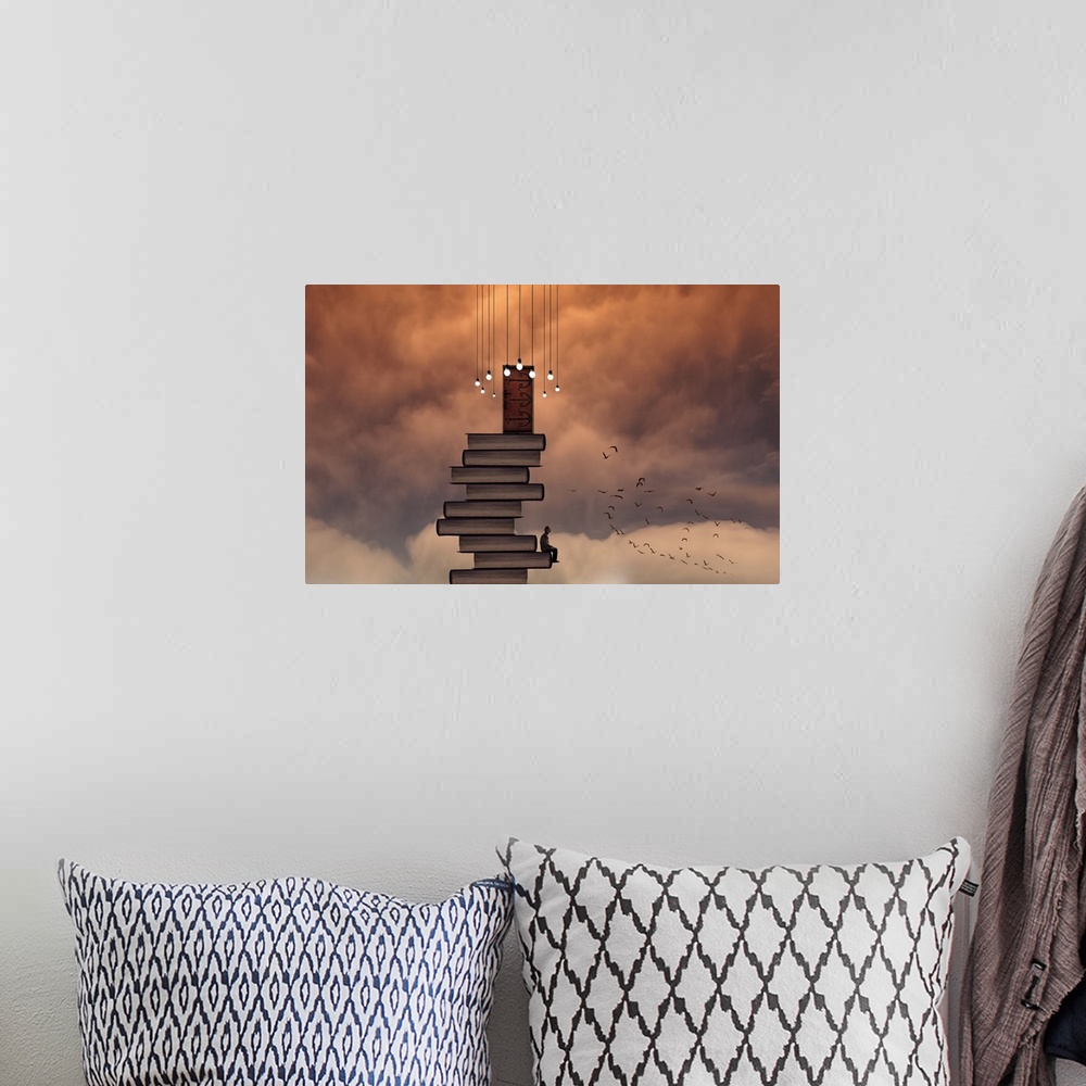 A bohemian room featuring A conceptual photograph of a stack of books with a door at the top reaching the sky filled with o...