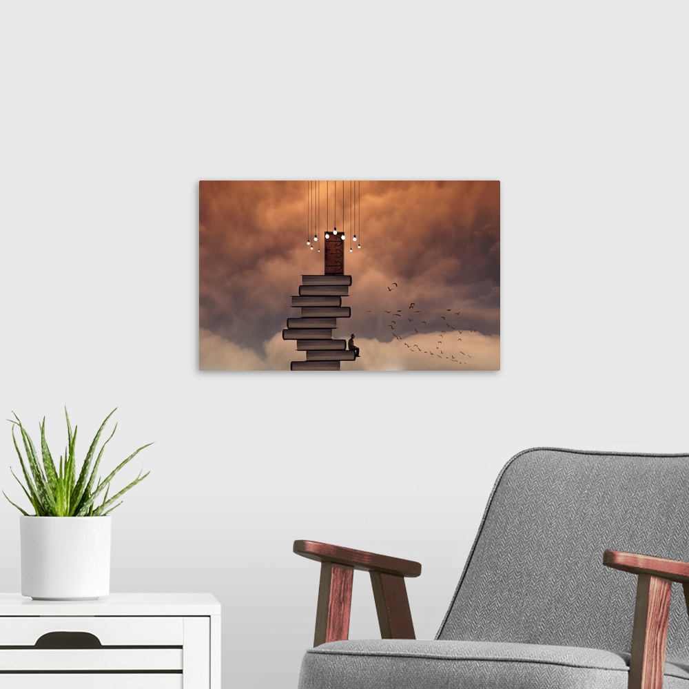 A modern room featuring A conceptual photograph of a stack of books with a door at the top reaching the sky filled with o...
