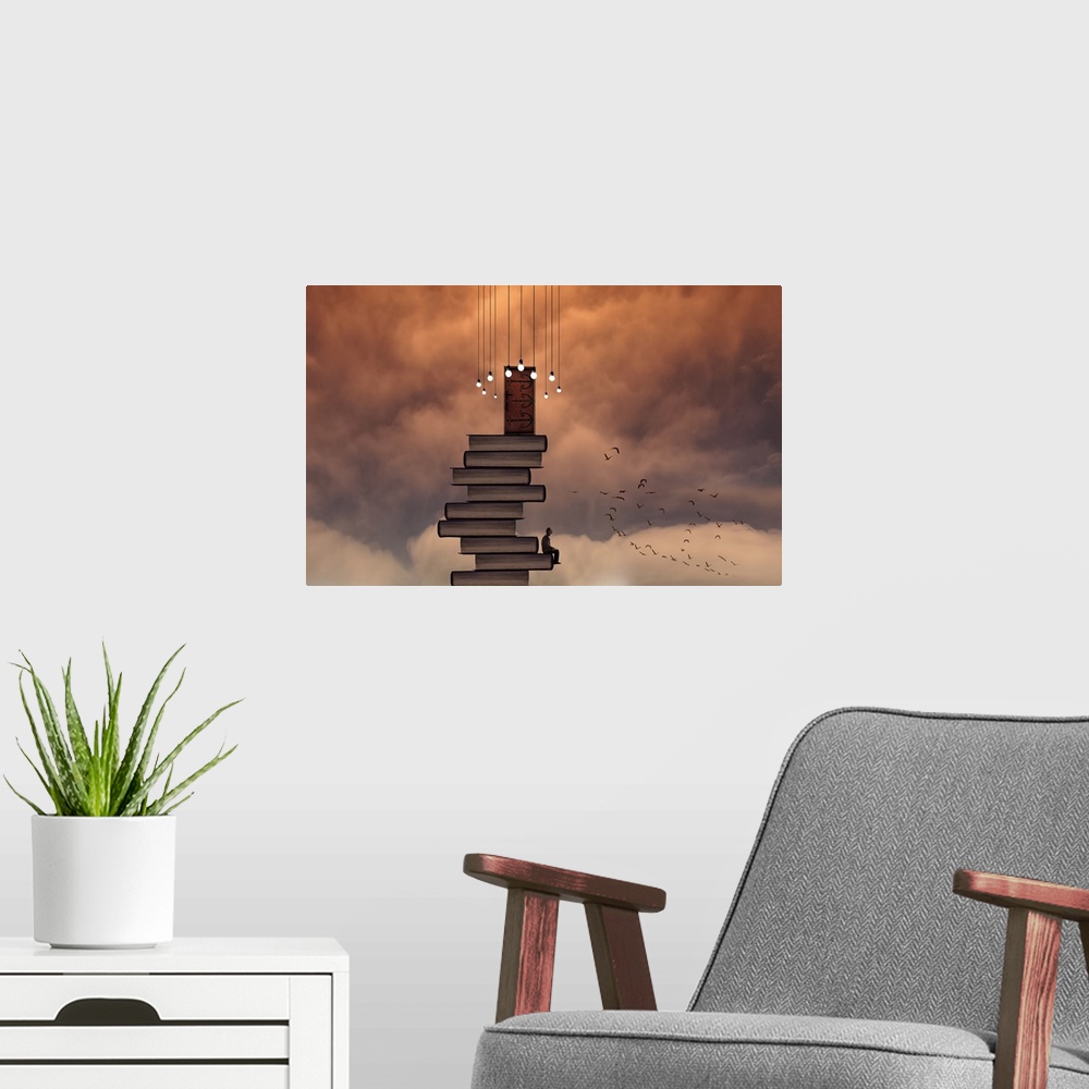 A modern room featuring A conceptual photograph of a stack of books with a door at the top reaching the sky filled with o...