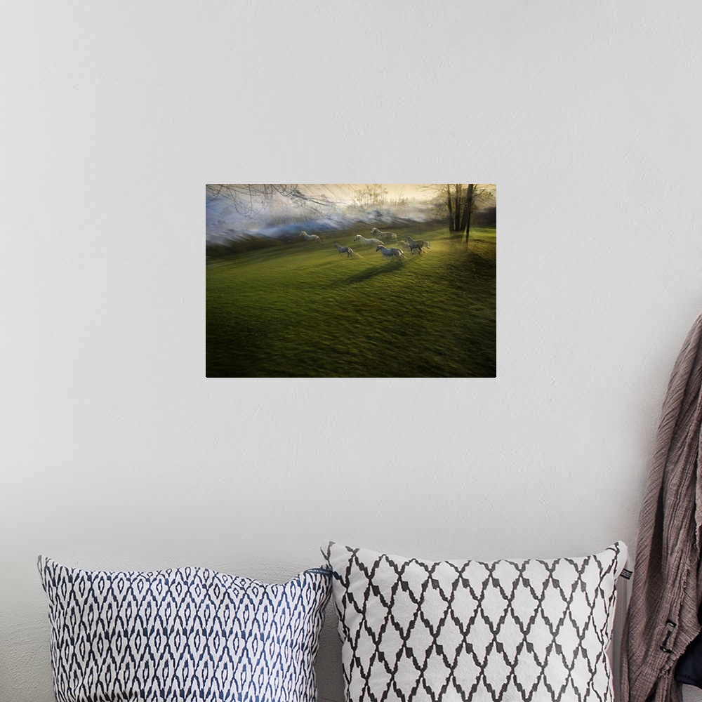 A bohemian room featuring Motion blurred image of a herd of horses running through an open field.