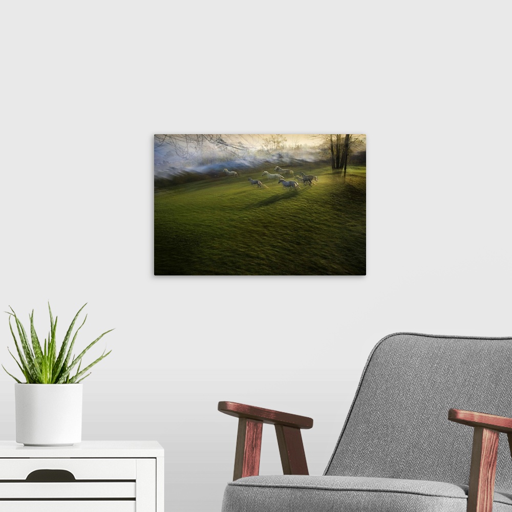 A modern room featuring Motion blurred image of a herd of horses running through an open field.