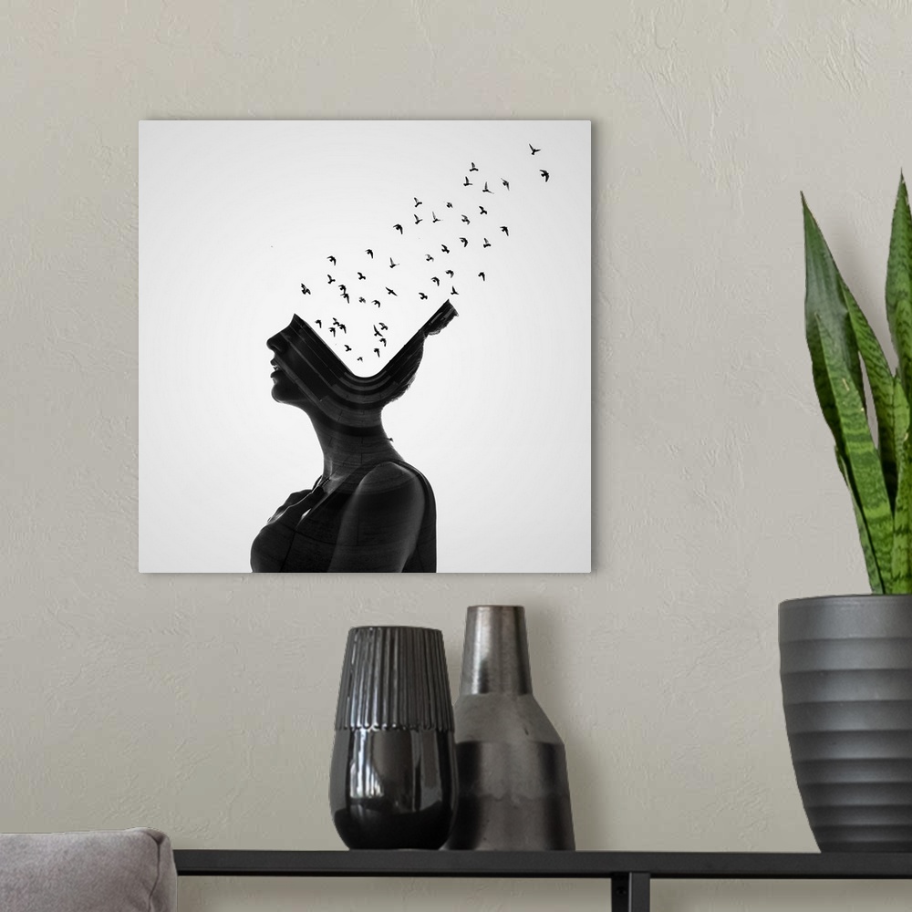 A modern room featuring A conceptual photograph of a profile of a woman with birds flying from her head.