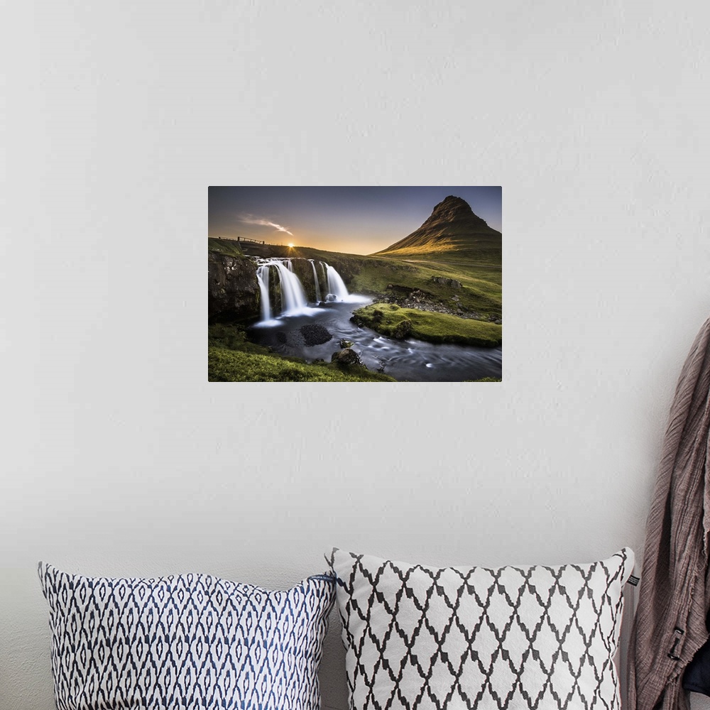 A bohemian room featuring Waterfall and river near Kirkjufell mountain, Iceland, at sunset.