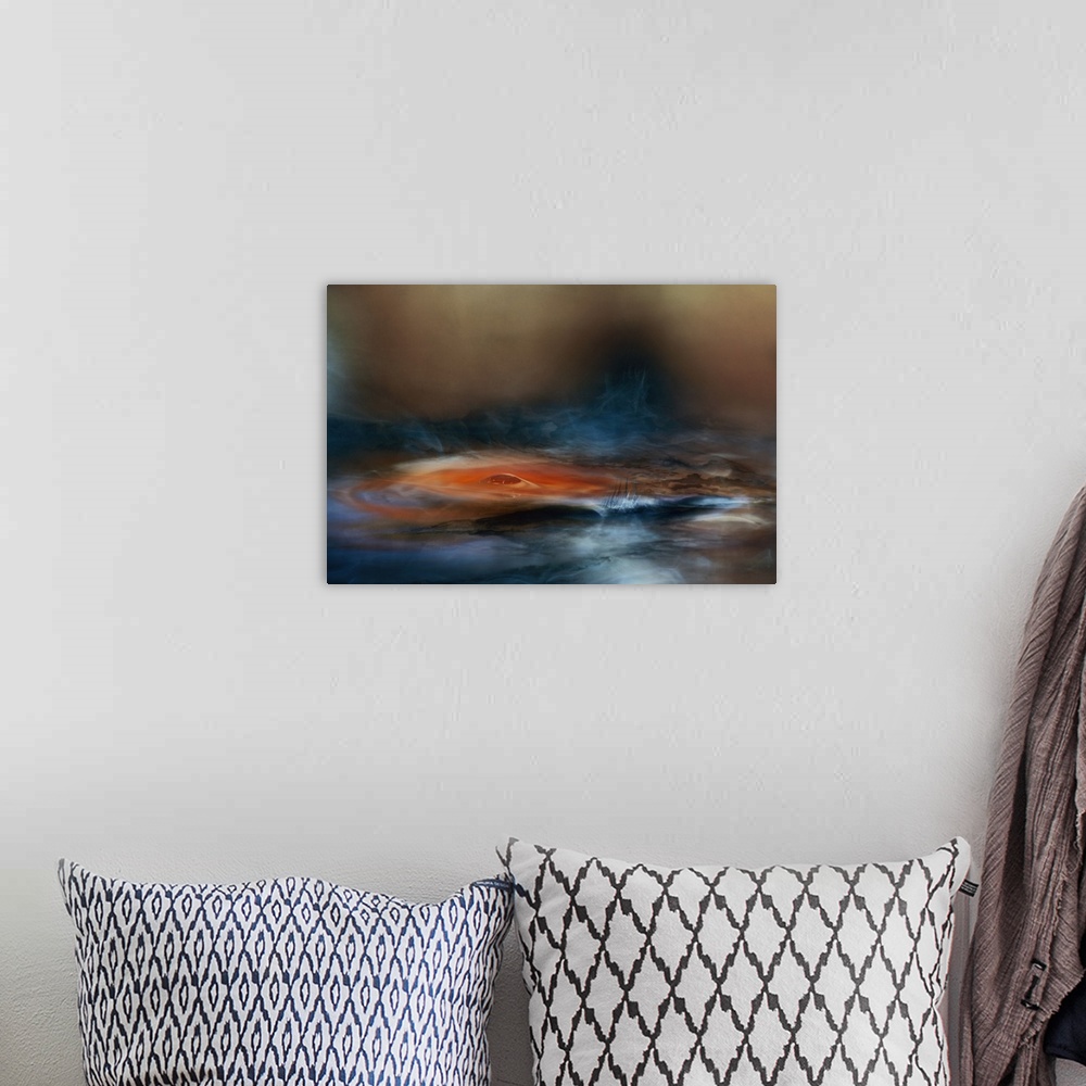 A bohemian room featuring Abstract digital art resembling a lake with blue, orange, and brown hues.