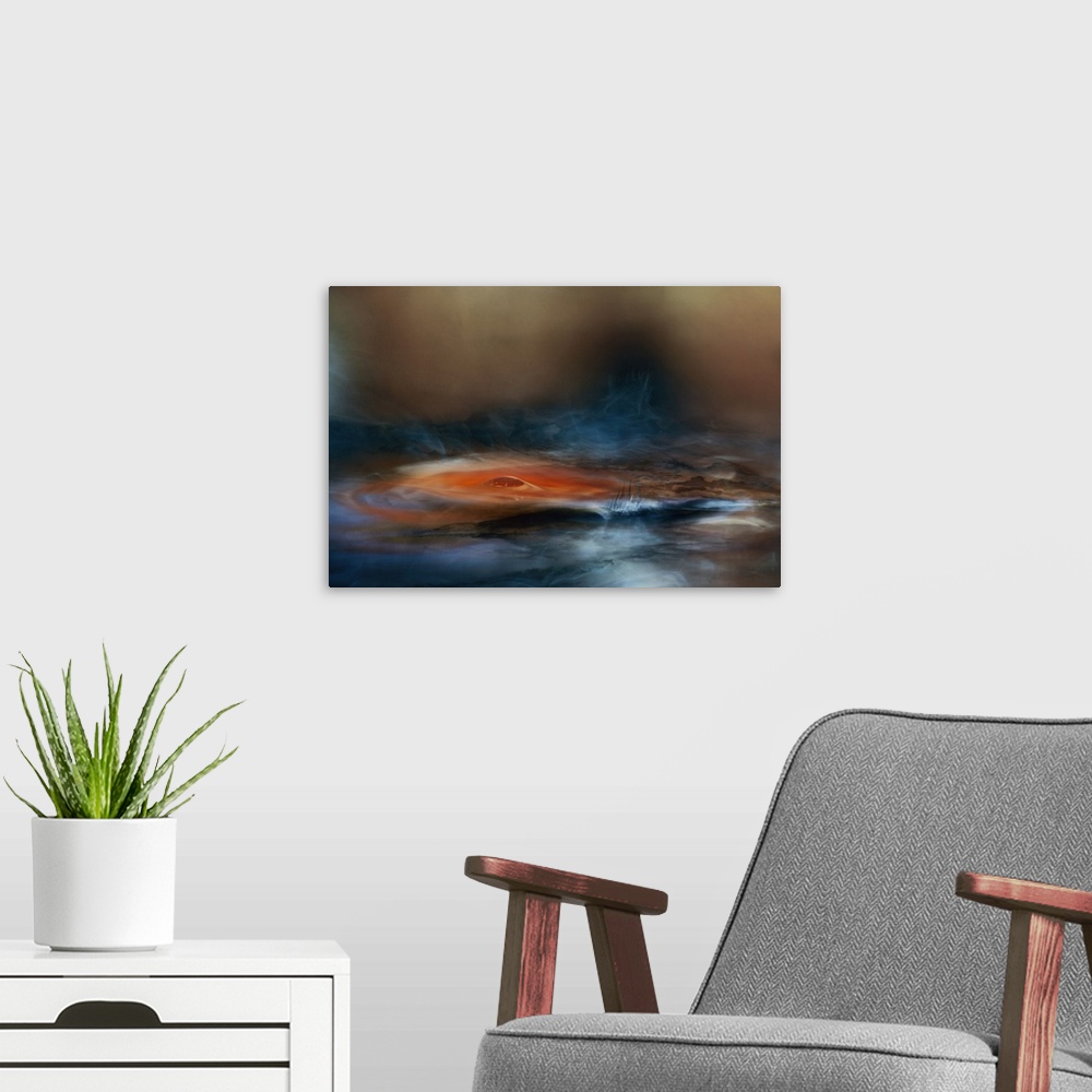 A modern room featuring Abstract digital art resembling a lake with blue, orange, and brown hues.