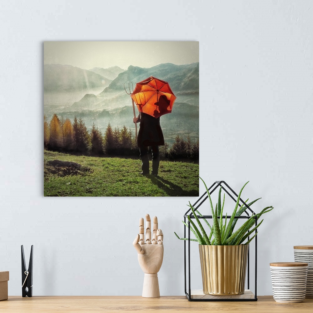 A bohemian room featuring A farmer with a pitchfork and an orange umbrella looking over the Swiss Alpine landscape.