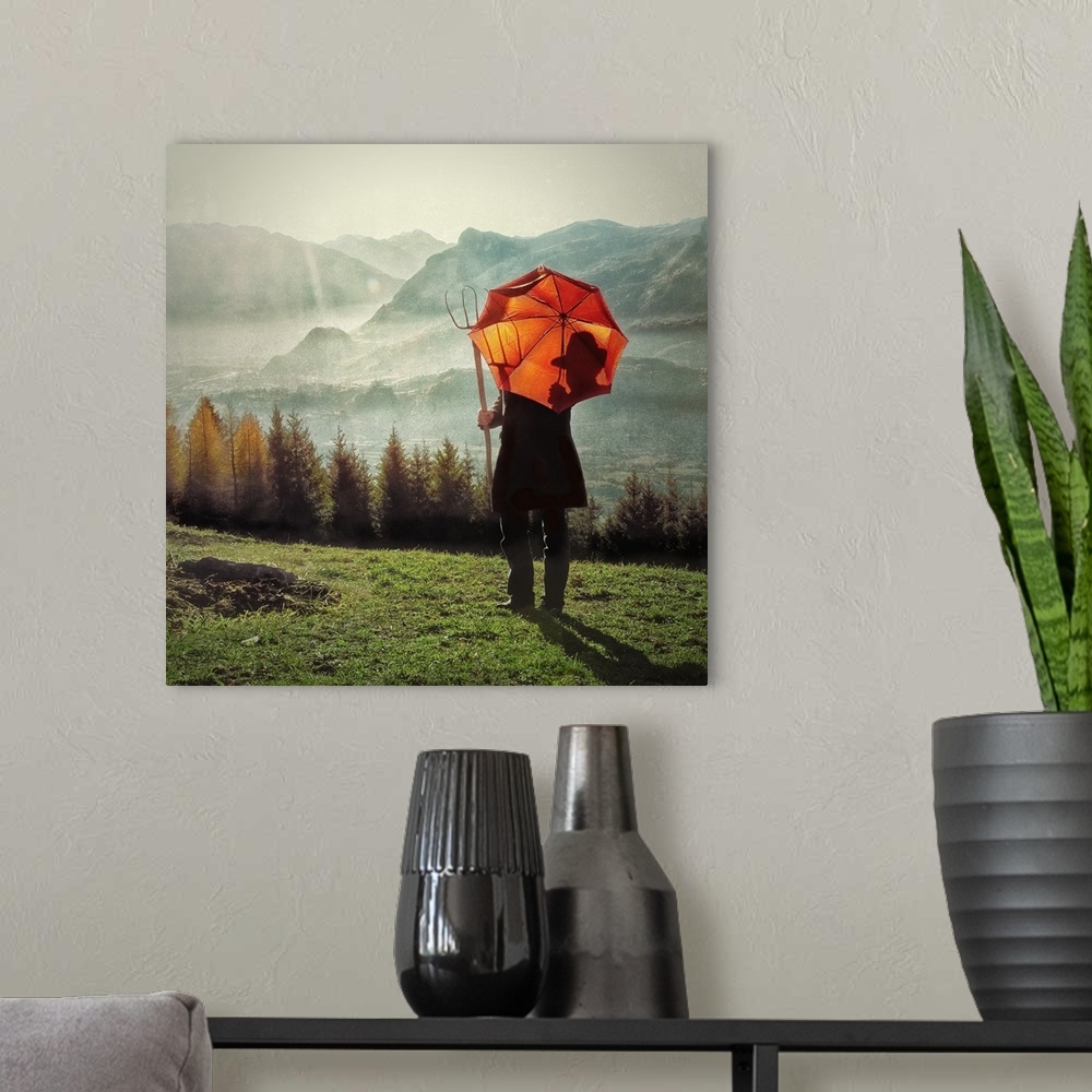 A modern room featuring A farmer with a pitchfork and an orange umbrella looking over the Swiss Alpine landscape.