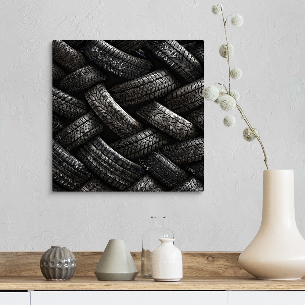 A farmhouse room featuring A stack of tires almost resembling intricate braids.