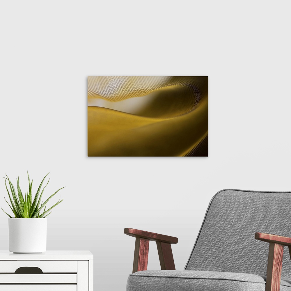 A modern room featuring Abstract image of the folds and fibers of golden fabric.