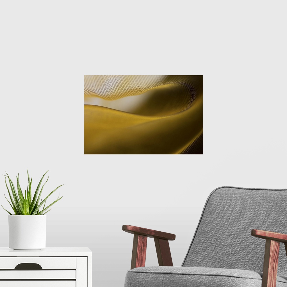 A modern room featuring Abstract image of the folds and fibers of golden fabric.