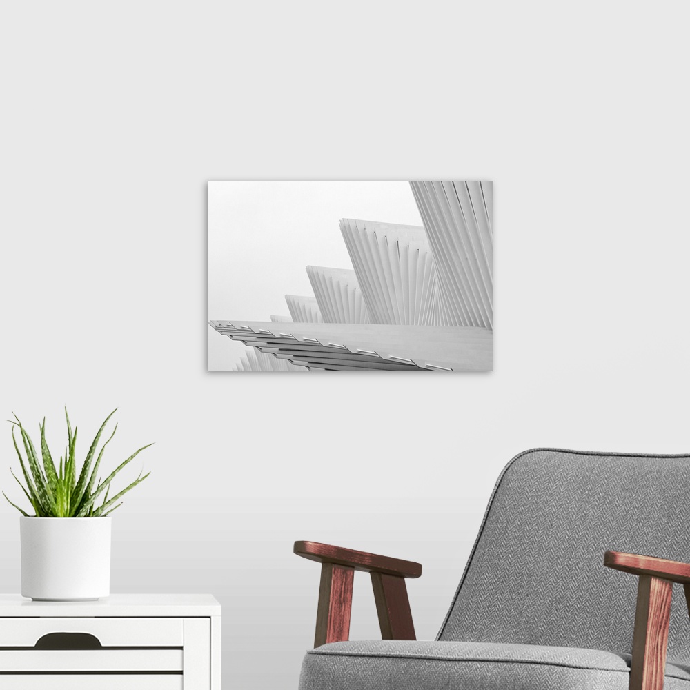 A modern room featuring Interesting abstract architecture against a foggy white background.