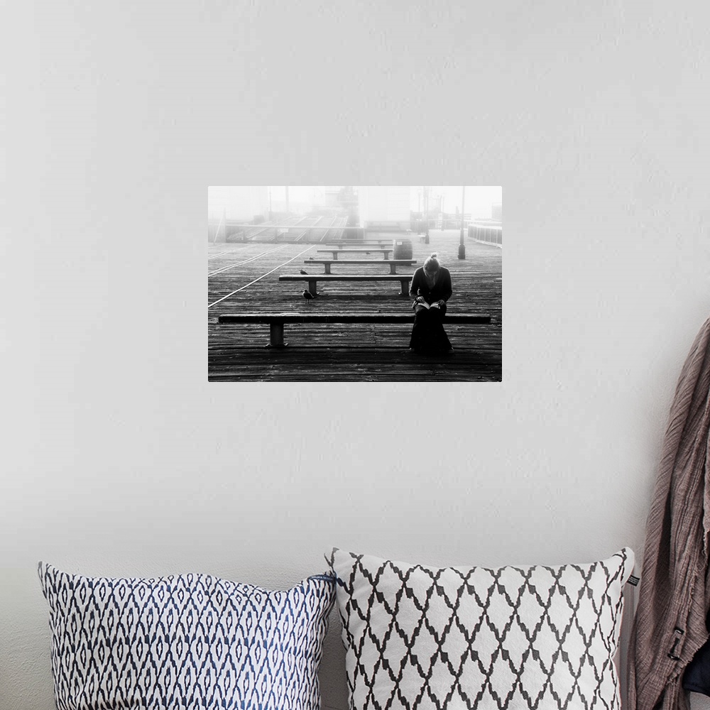 A bohemian room featuring A woman reading on a bench on a pier with seagulls in the mist.