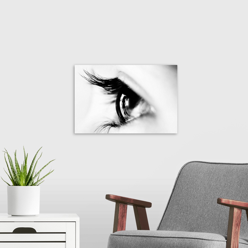 A modern room featuring Close up image of a human eye with thick eyelashes.
