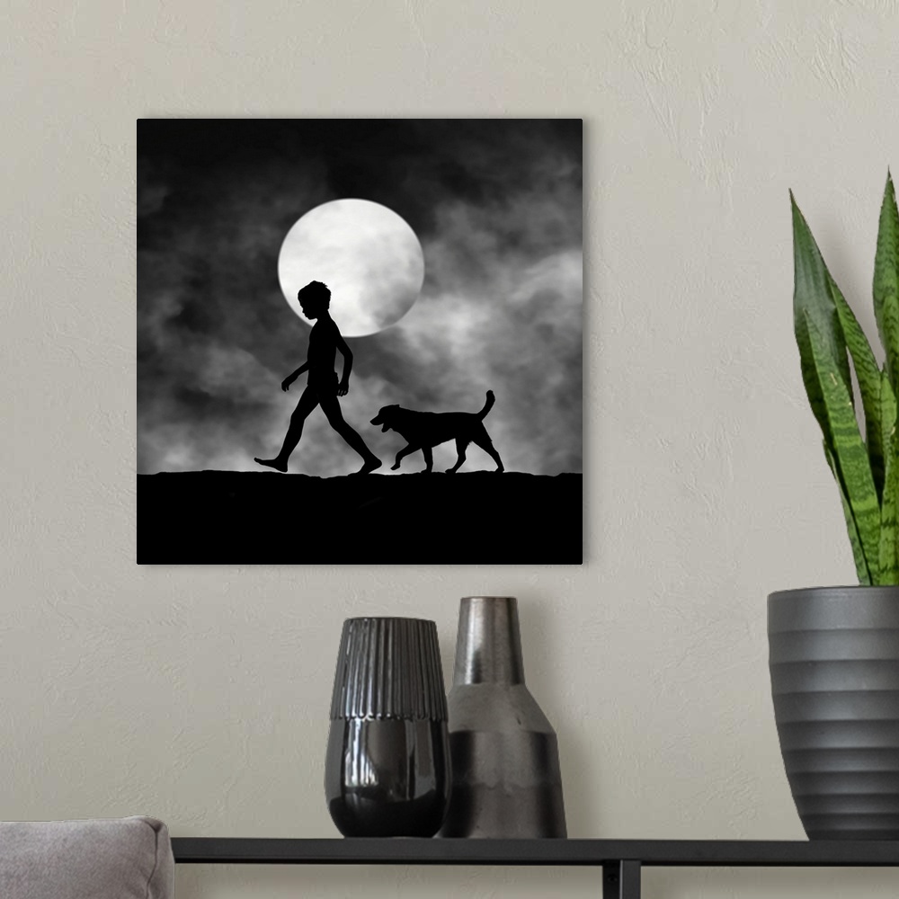 A modern room featuring Silhouette of a boy and a dog walking on a foggy night, with the moon behind.