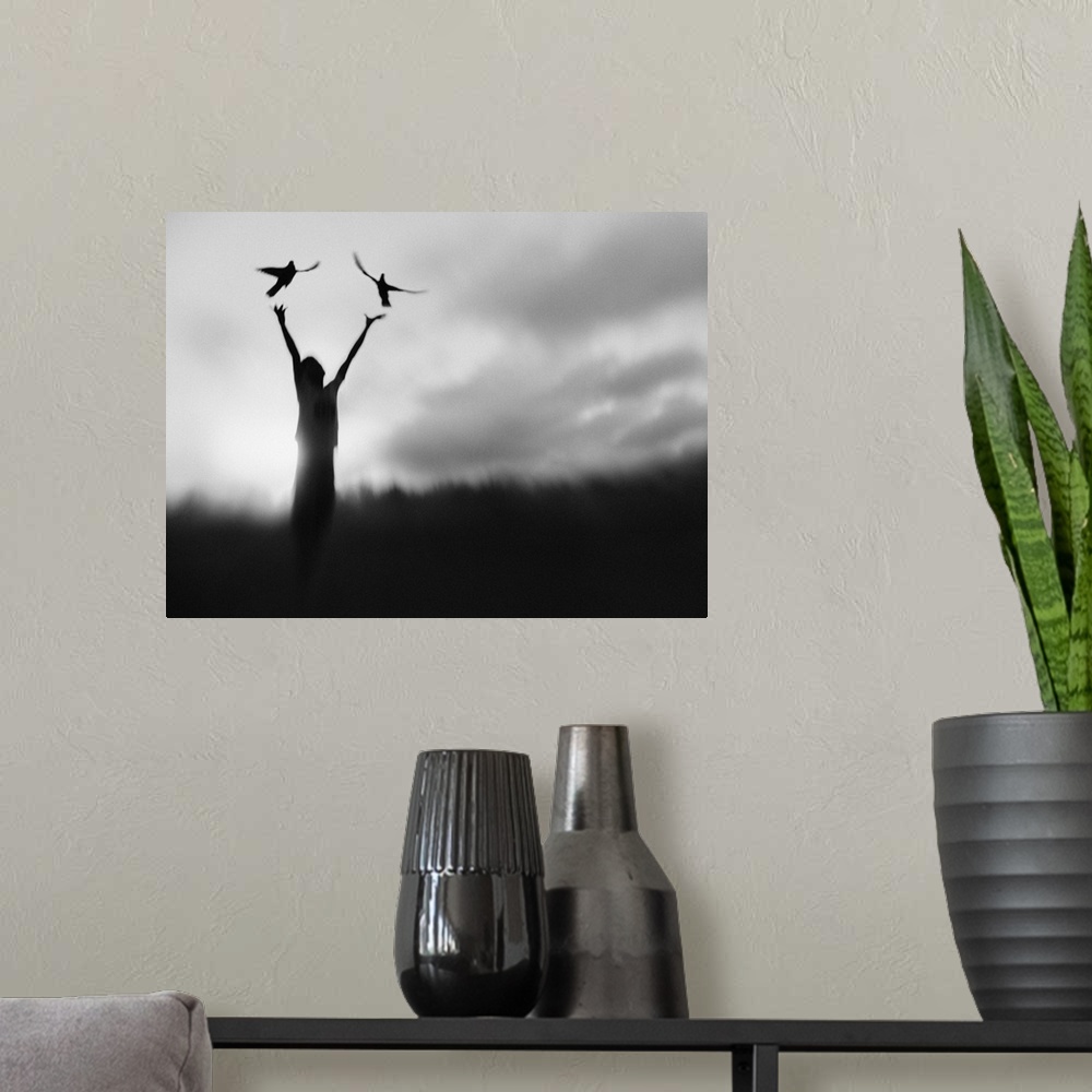 A modern room featuring A silhouetted figure releasing two pigeons into the air, Java, Indonesia.