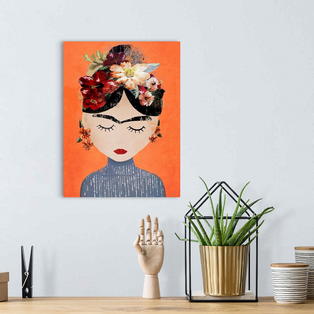A bohemian room featuring A modern interpretation of the portrait of Frida Kahlo with her signature brows and eyes downcast...