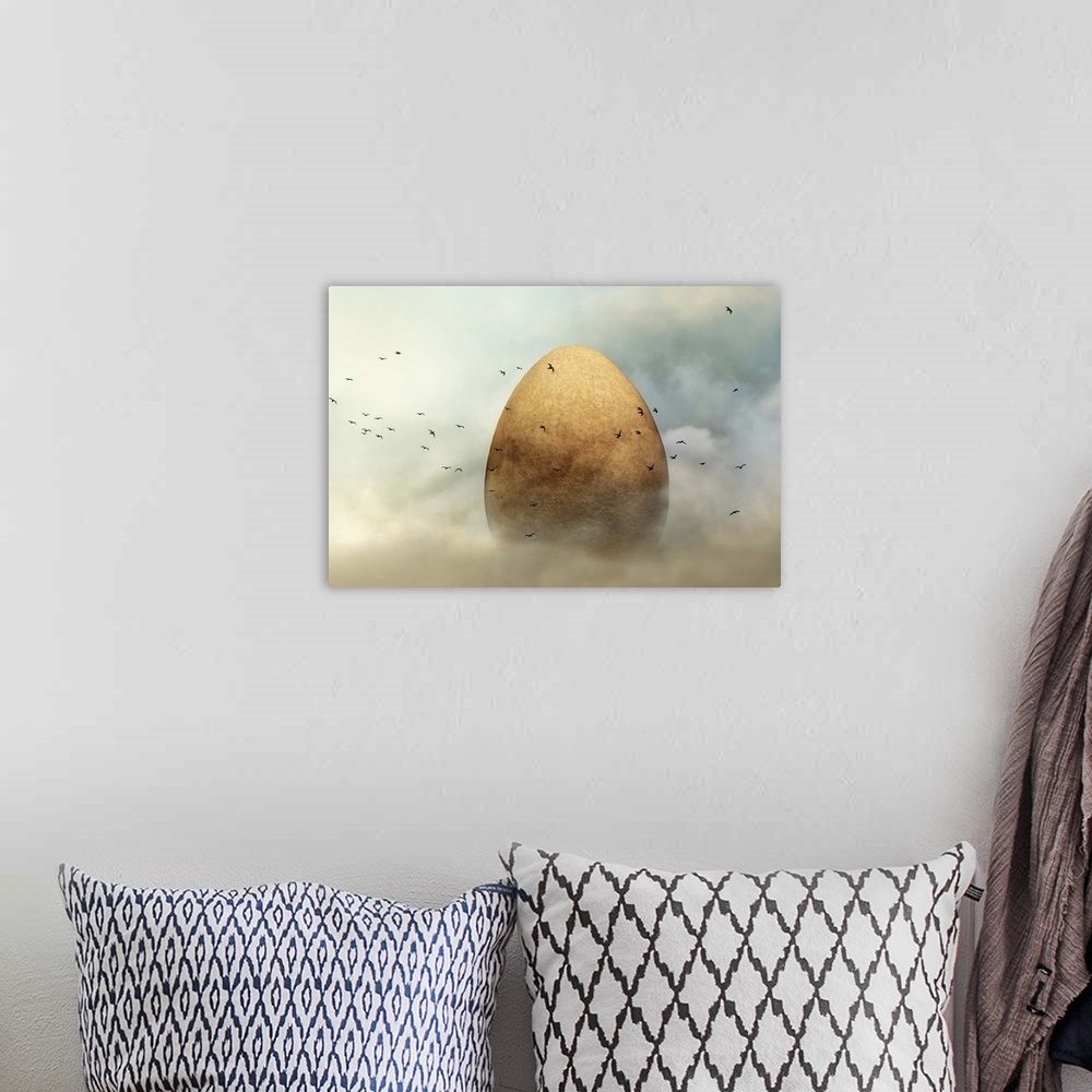 A bohemian room featuring A conceptual photograph of a golden egg being surrounded by flying birds.