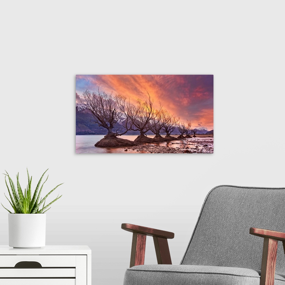 A modern room featuring A photograph of a row of bare branched trees in mud patches under an orange sky with mountains in...