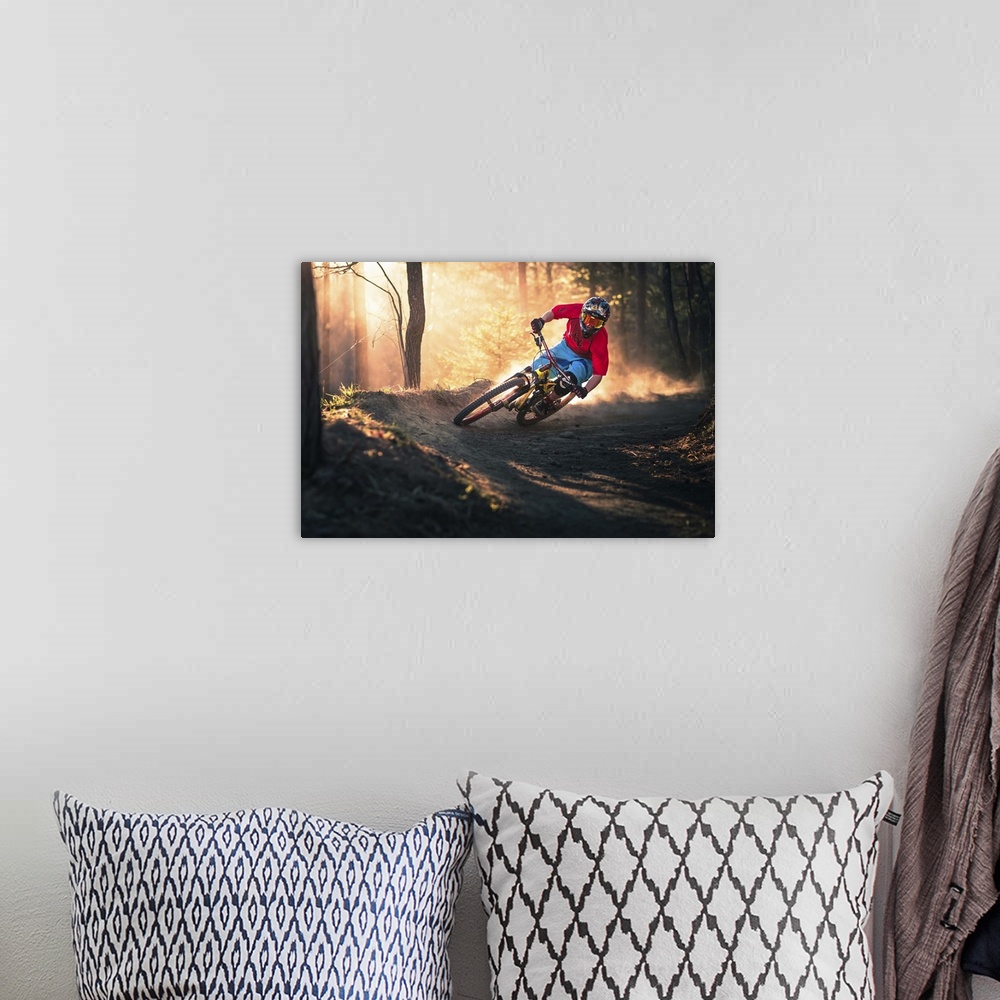 A bohemian room featuring A mountain biker rounding a corner on a forest path.