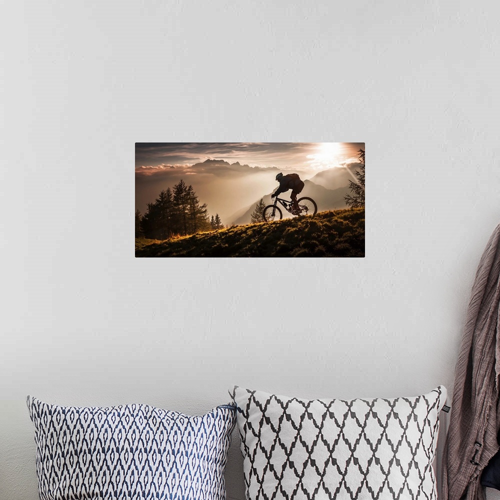 A bohemian room featuring A silhouetted mountain bike rider seen in the early morning light.