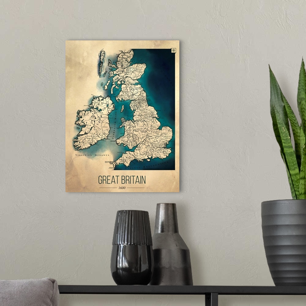 A modern room featuring Great Britain Map