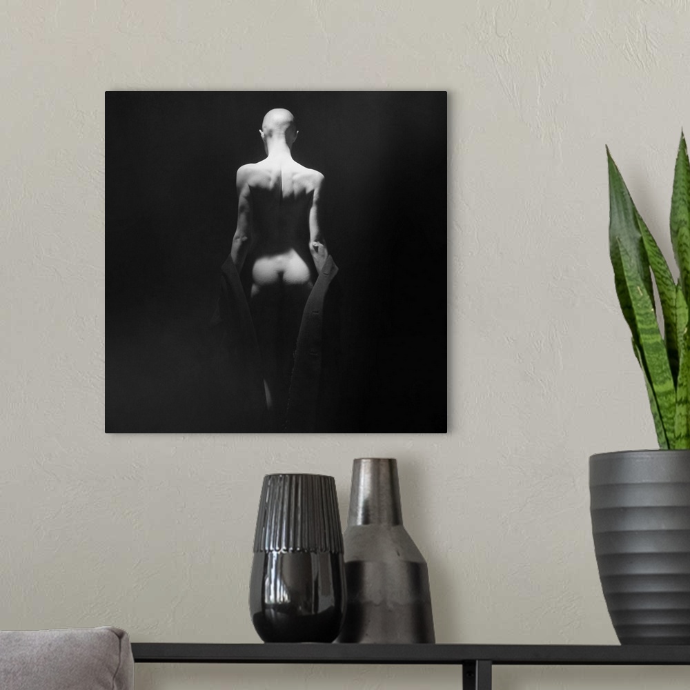 A modern room featuring Black and white image of a nude figure with strong lighting highlighting the curves of the body.
