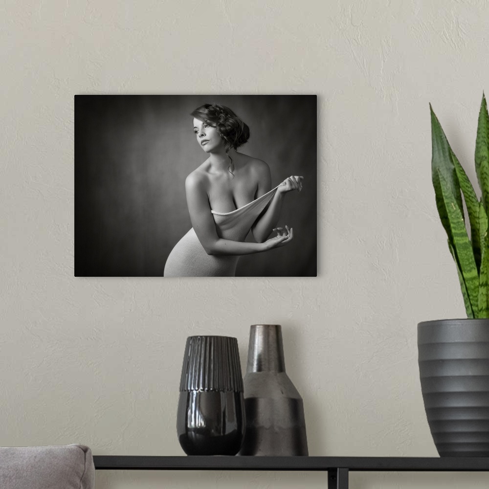A modern room featuring Elegant black and white portrait of a woman undressing.