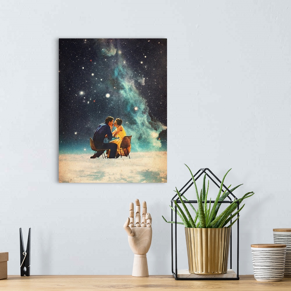A bohemian room featuring A retrofuturism surrealist collage featuring a couple kissing beneath a space nebula