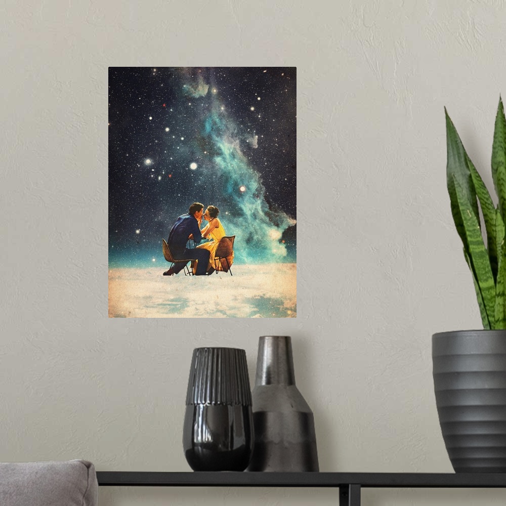 A modern room featuring A retrofuturism surrealist collage featuring a couple kissing beneath a space nebula