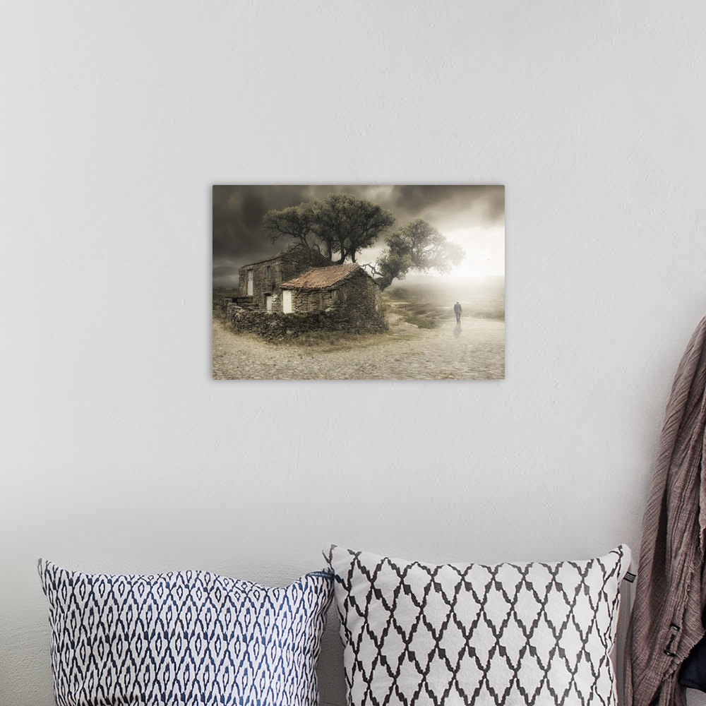 A bohemian room featuring Conceptual photograph of a man walking away from a countryside cottage.