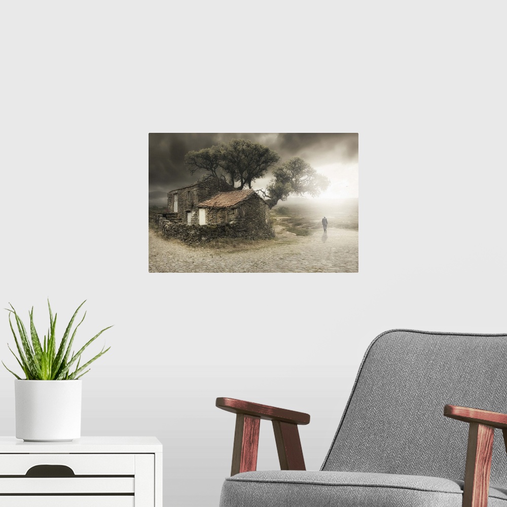 A modern room featuring Conceptual photograph of a man walking away from a countryside cottage.