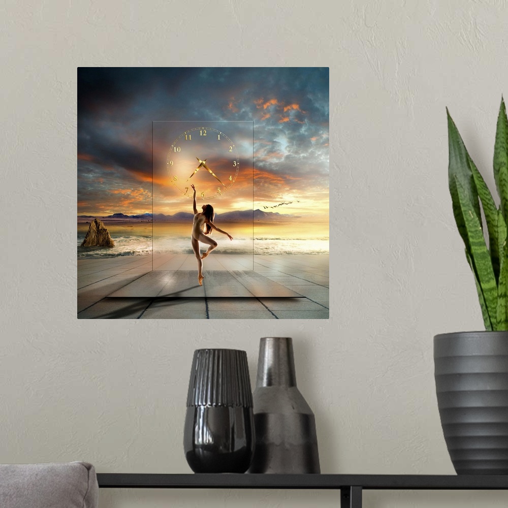 A modern room featuring Conceptual image of a ballet dancer in front of a translucent clock with the ocean in the backgro...