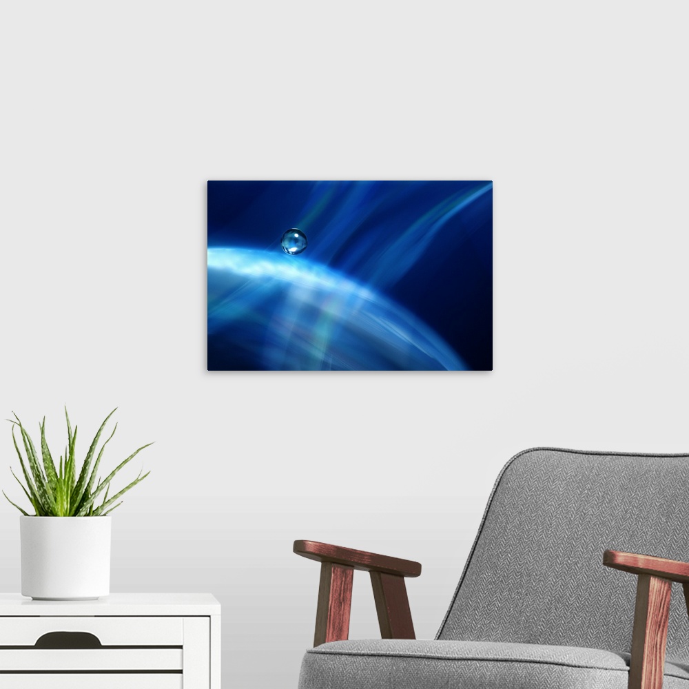 A modern room featuring Blue abstract digital art waterscape with a rain droplet.