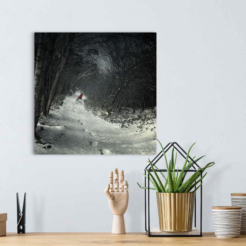 A bohemian room featuring A figure in a red coat running through the snow in a forest leaving a trail of footprints, the tr...