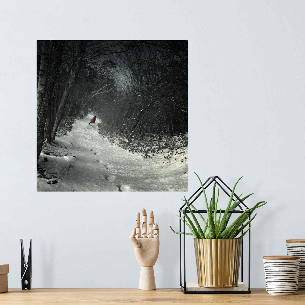 A bohemian room featuring A figure in a red coat running through the snow in a forest leaving a trail of footprints, the tr...