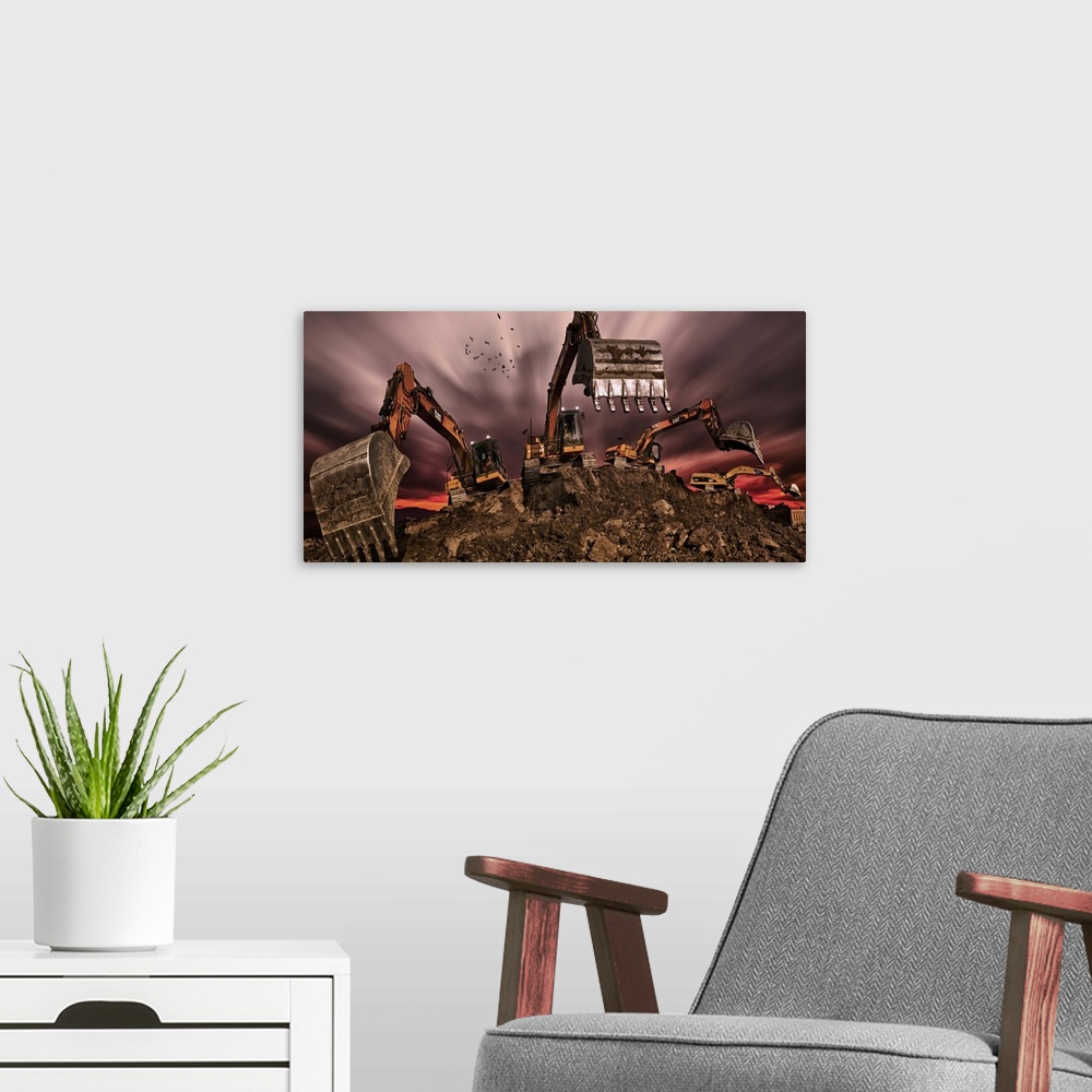 A modern room featuring Four excavators digging in a pile of dirt, with a cloudy sky above.