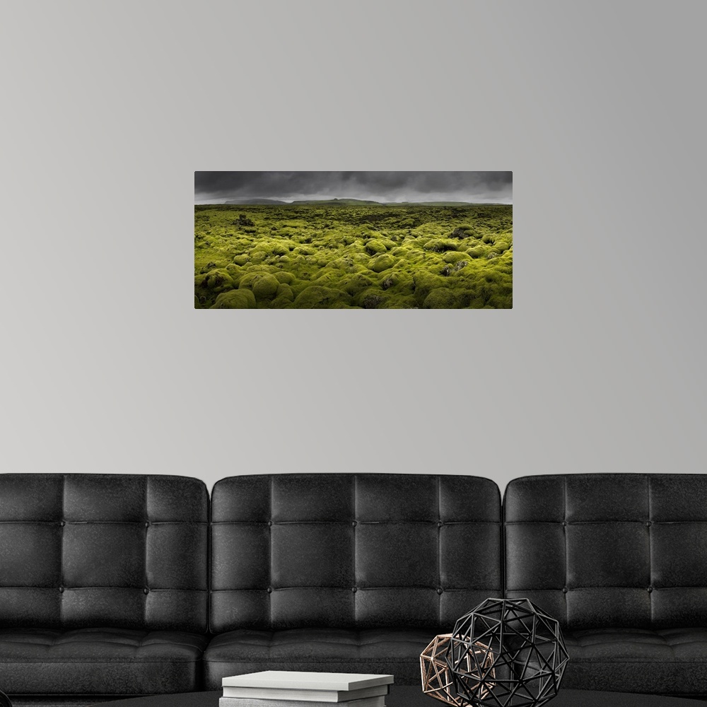A modern room featuring An ethereal landscape of bright green moss, Iceland.