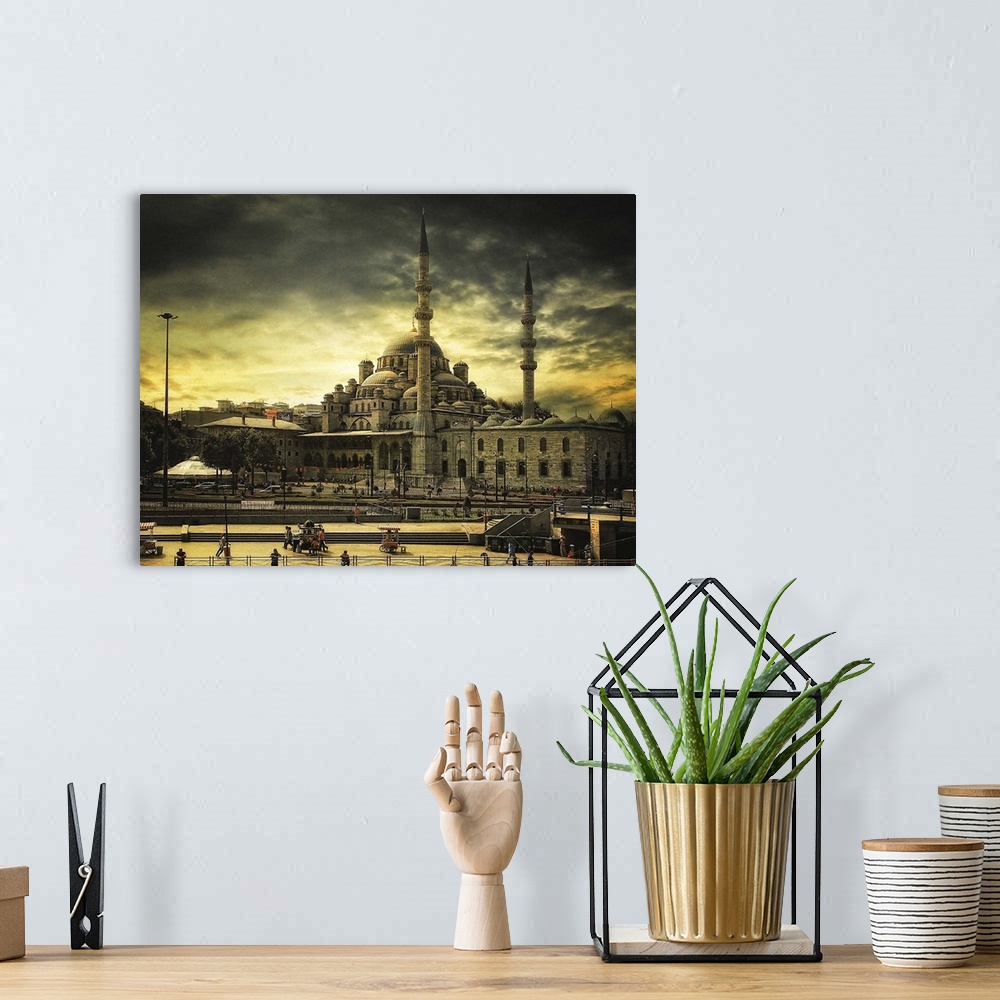 A bohemian room featuring Fine art photo of the Sultan Ahmed Mosque in Istanbul, Turkey, with dark clouds overhead.