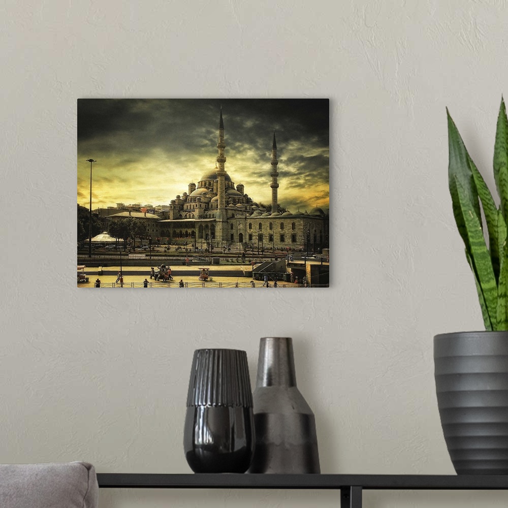 A modern room featuring Fine art photo of the Sultan Ahmed Mosque in Istanbul, Turkey, with dark clouds overhead.