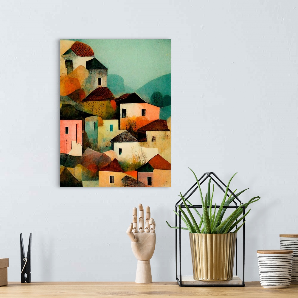 A bohemian room featuring A modern painting of a group of small houses clustered on a hillside, in warm tones of peach and ...