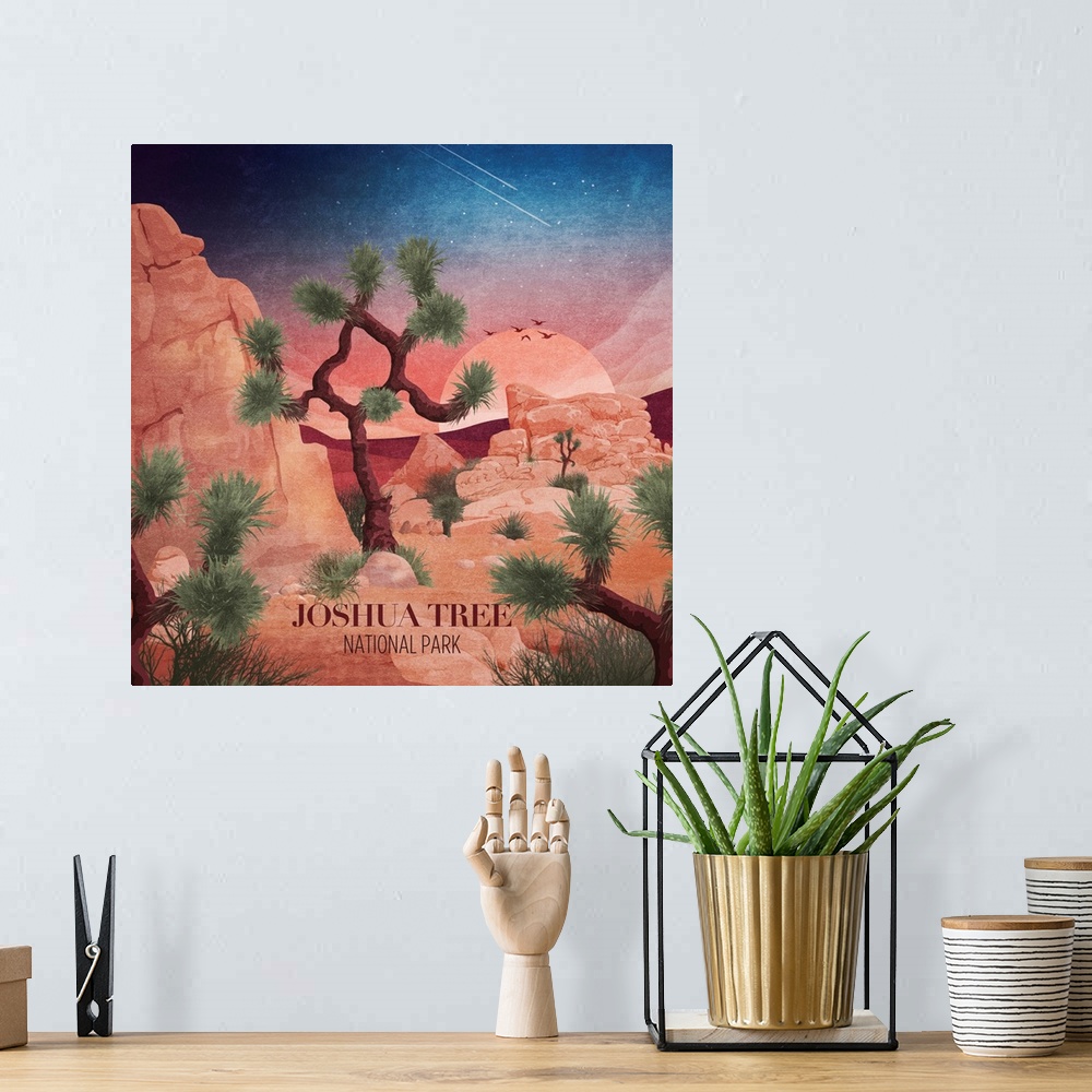 A bohemian room featuring A contemporary travel poster advertising Joshua Tree National Park in california