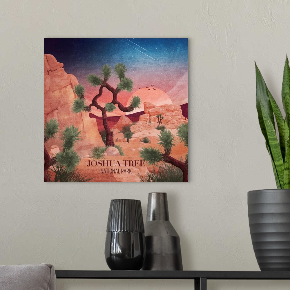 A modern room featuring A contemporary travel poster advertising Joshua Tree National Park in california