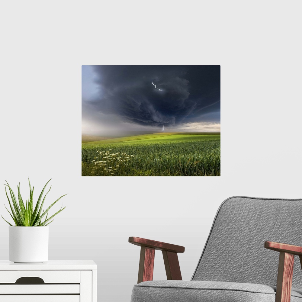 A modern room featuring A dark storm cloud with lightning bolts over a field in the Swabian Jura region of Germany.