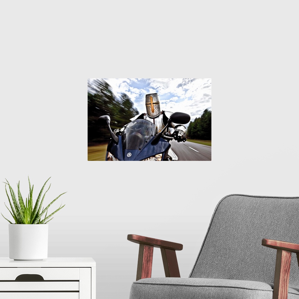 A modern room featuring Conceptual image of a knight wearing a suit of armor driving a motorcycle.